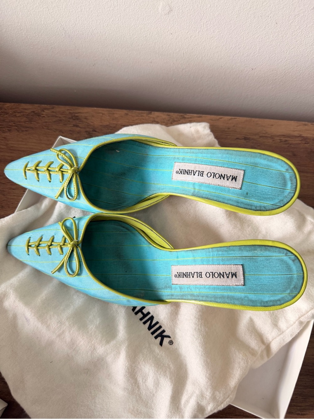 Manolo Blahnik Turquoise with Lime Trim Pointed Slip-On Mules - Picture 5 of 6
